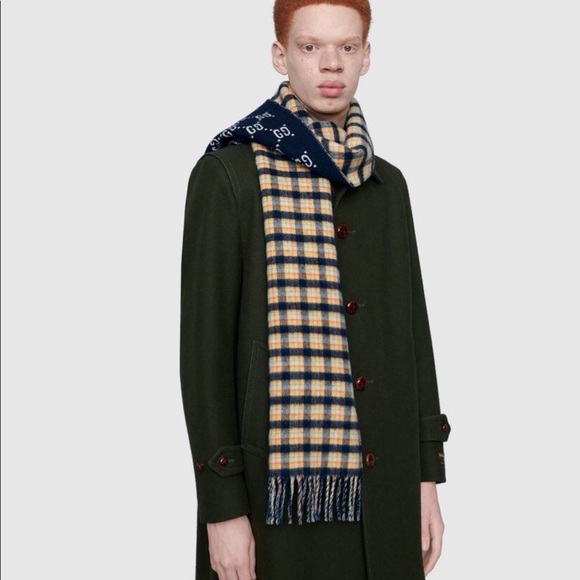 NWT Gucci 597527 4G200 Plaid Gg Pattern Wool 100 Reversible Muffler. - Picture 3 of 9